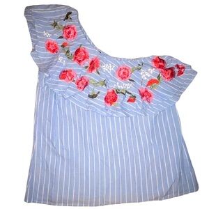 Floral off the shoulder light blue striped top